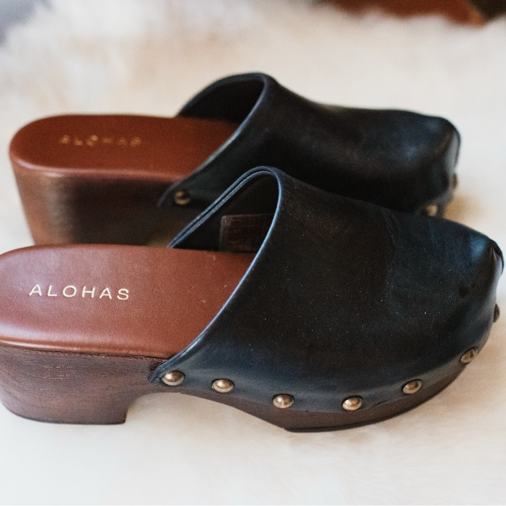 Sold by Free People- ALOHAS Black Leather Mules with Brown Wooden Heel